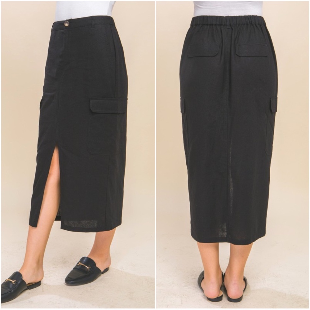 Solid Black Split Hem High Waisted Cargo Skirt - image 3